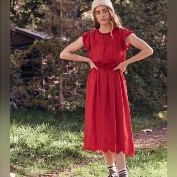 The Great. Moonlight Embroidered Red Silk Midi Dress sz 2 Medium - Picture 8 of 13